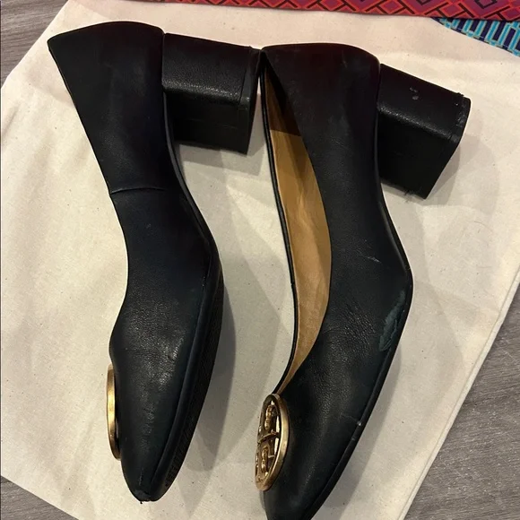 Tory Burch Black Leather Block Heels with Gold Logo- with dustbag and box. - Picture 3 of 7